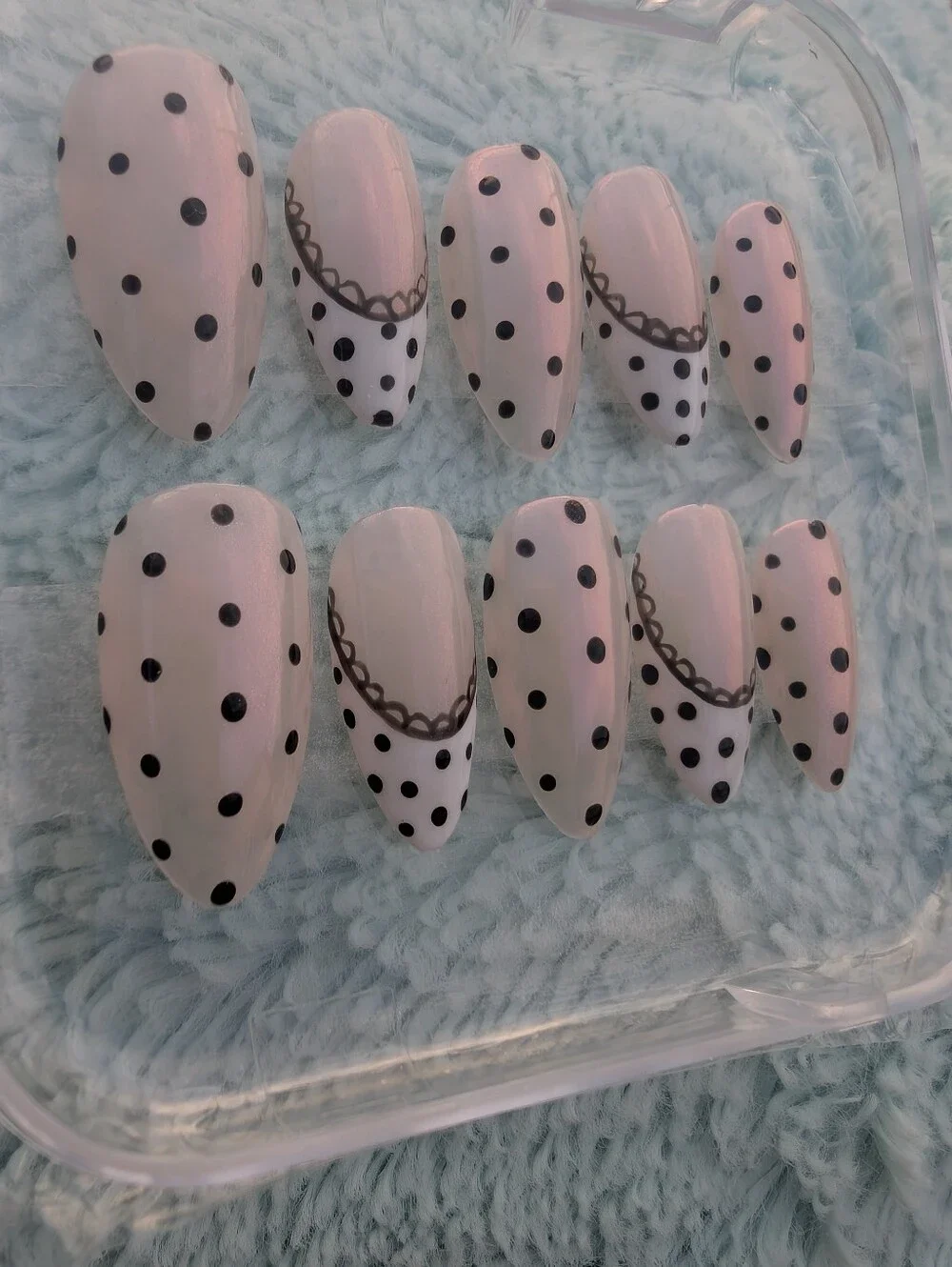 Polka Dot Almond Press-On Nails in Pearl And White